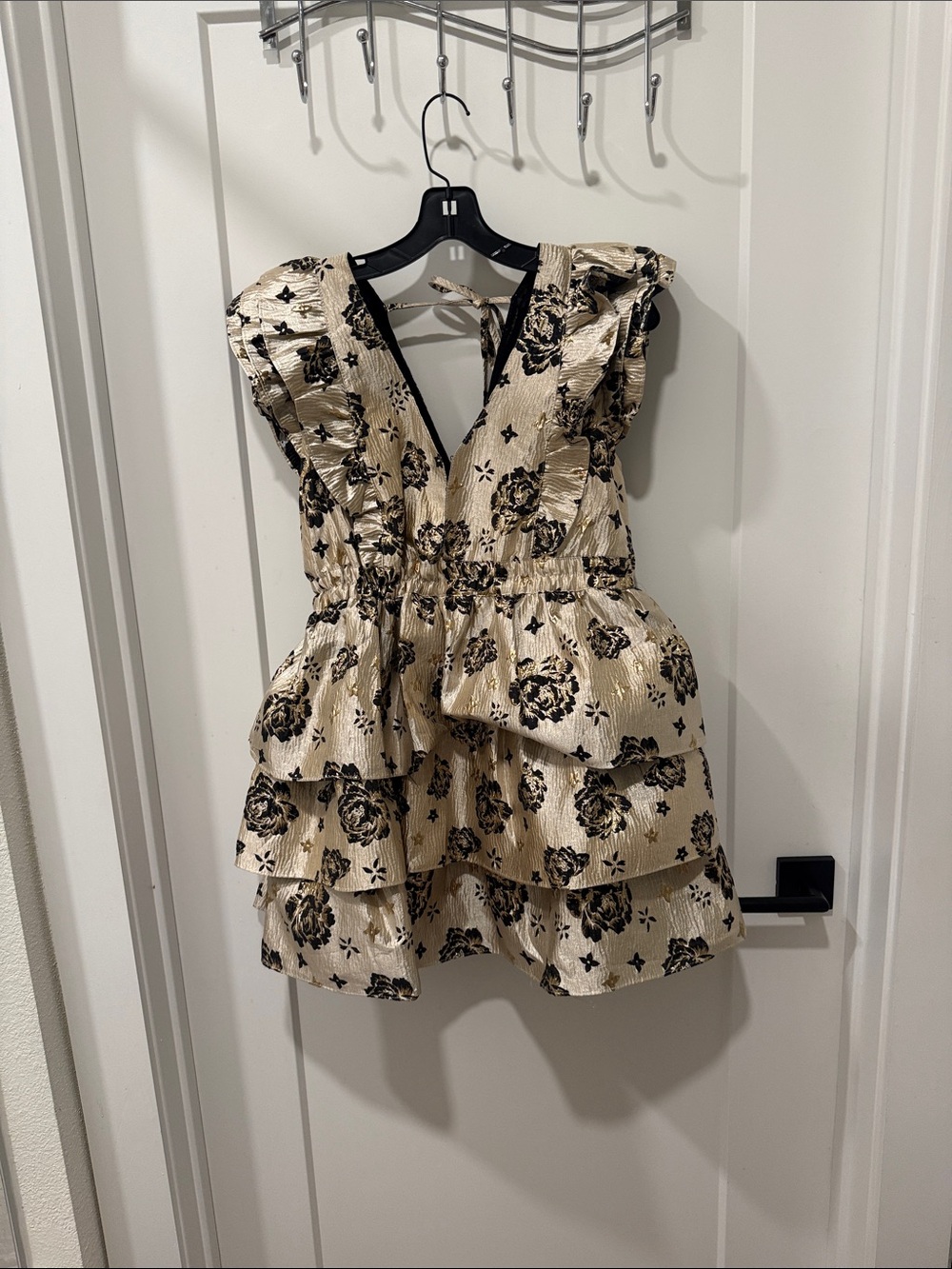 Buddy Love Metallic Gold Floral Ruffle Mini Dress